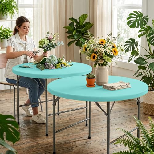 Round Fitted Tablecloth with Elastic-Spandex Table Covers 60 Inch | 2 Pack Aqua Blue Spandex Stretch Windproof Washable Folding Banquet Tablecloths 5ft-Party Event Outdoor Trade Show Dining - color: Aqua Blue, size: 60'' Round | 2 Pack
