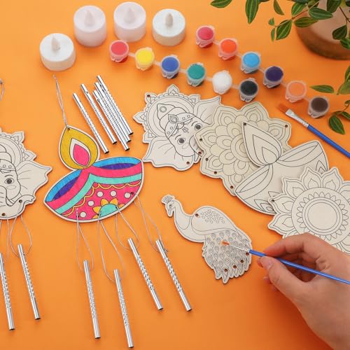 Silipull 24 Sets Diwali Wind Chimes Craft for Kids | Unfinished Wooden Chimes with Paints, Color Your Own Designs, School Classroom Projects, DIY Crafts, Home Hanging Ornaments - style: Diwali Mandala