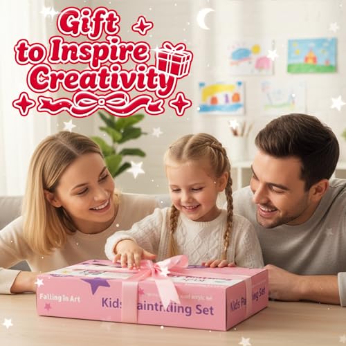 Kids Tabletop Easel Set, Portable Art Easel Painting Kits | 52 Pcs Wooden Easel for Painting Canvases, Including 12 Colors Acrylic Paints, 10 Paintbrushes and 4 Canvas Panels, Pink - color: Pink
