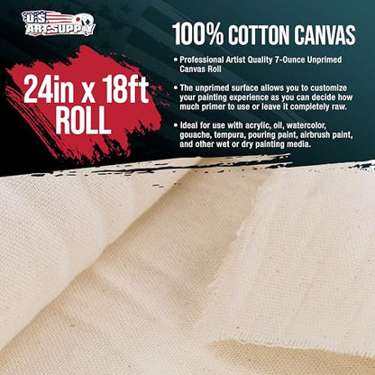 U.S. Art Supply 7-Ounce Unprimed Canvas Roll, 24" Wide x 18' Long (6 Yards) - 100% Cotton, Woven, Acid-Free - Unstretched Canvas Rolls for Painting, Murals, & DIY Crafts - size: 24-Inch-x-6-Yards