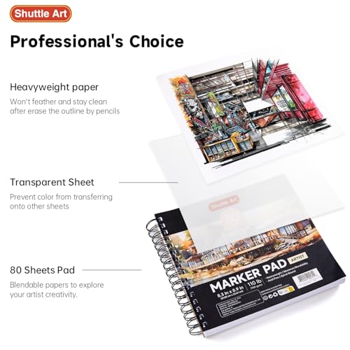Shuttle Art Marker Pad, 8.3”x8.9” Portable Square Sketchbook, 80 Sheets Marker Drawing Paper, 110LB/180GSM Bleedproof Art Paper, Spiral-Bound, Great for Professional Artist to Draw, Paint & Sketch - size: 8.3x8.9 inch