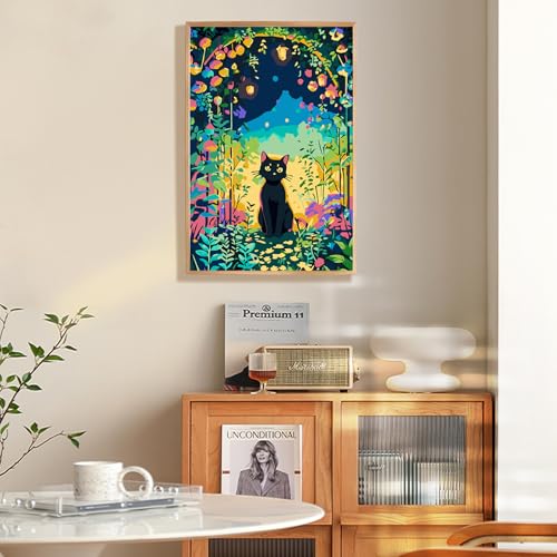 Fountor Framed Paint by Numbers Kit for Adults Beginner & Kids Ages 8-12, Black Cat Paint by Number with Frame, Easy Acrylic Cat Flowers Painting by Numbers Kit on Canvas 8x12 inch - color: LOP801, size: 8x12 Inch