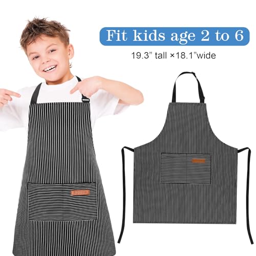 3 Pack Stripes Kids Apron, Adjustable Kids Cooking Aprons with 2 Pockets, Cute Chef Baking Aprons for Boys and Girls - color: Black + Blue + Grey, size: 55x65cm