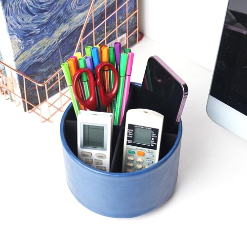 Round Leather Art Supply Organizer,Remote Control Holder,360 Degree Spinning,Multi-Functional Pencil Holder,4 Compartments Desktop Stationary Organizer(1-Oil Blue2) - color: 1-Oil Blue2