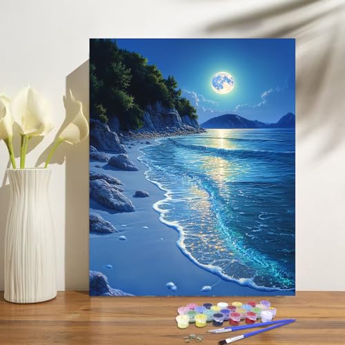Beach Moonlight Paint by Numbers Kit for Adults Beginner Ocean Oil Painting Kit Adult Paint by Number Kits on Canvas Moon DIY Painting for Beginners Art by Numbers for Gifts Home Wall Decor 16x20 Inch - color: YF019