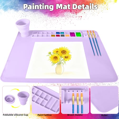 Silicone Painting Mat, 20"X16" Craft Mat,Large Art Mat Clay Mats | Paintbrush Holder, Nonslip Color Dividers Silicone Mats with Built in Cup for Painting, Table, Resin and DIY Purple - color: Purple