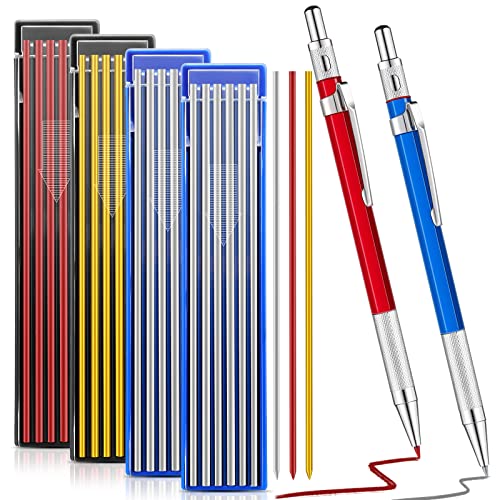 Gersoniel 2 Pcs Welders Pencil 48 Refills,Red, Silver, Yellow | Mechanical Metal Welding Marker for Tube Pipe Fitter Welder, Refillable Pen Steel Construction Woodworking, Marking Tool - color: Red, Silver, Yellow