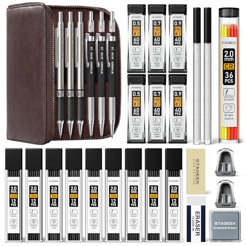 STAGEEK 30PCS Mechanical Pencil Set with Leather Bag, 0.5, 0.7, 0.9 ＆ 2mm | Drawing Pencils with 464PCS Lead Refills (6B 4B 2B HB 2H 4H Color), Erasers, Sharpeners, Artist Pencil for Sketching Drafting - style: 0.5, 0.7, 0.9, 2MM with Leather Bag