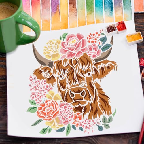 FINGERINSPIRE 2pcs Layered Floral Cow Painting Stencil 11.8x11.8 inch Reusable Peony Flower Bundle Cow Drawing Template Farm Animal Stencil for Painting on Wood Wall Fabric Paper Furniture - color: Layered Floral Cow