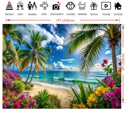 7x5ft Summer Hawaiian Beach Photography Backdrop Tropical Flower Palm Leaves Background for Luau Aloha Party Decoration Banner Photo Booths - size: 7x5ft