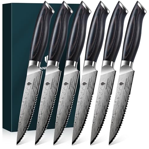 Steak Knives Set of 6, Powder Steel Steak Knife Set | Ultra Sharp 4.5 Inch Serrated Steak Knives with Ergonomic Pakkawood Handle Japanese Knives for Steak, Bread and Butter - size: 6PCS Steak Knife Set
