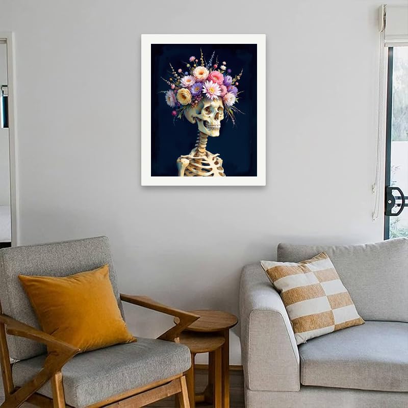 Skeleton Paint by Numbers Kit for Adults - DIY Skeleton with Floral Crown Painting on Canvas 16x20 inches, Frameless Acrylic Paint Set, Suitable for Beginners, Art for Home Decoration or Gifts