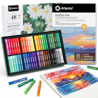 Artecho Oil Pastels Set of 48 Colors (10 x 70 mm) With Pastel Paper Pad | Soft Oil Pastels, For Art Painting, Drawing, Blending, For Artists, Beginners, Students, Teachers