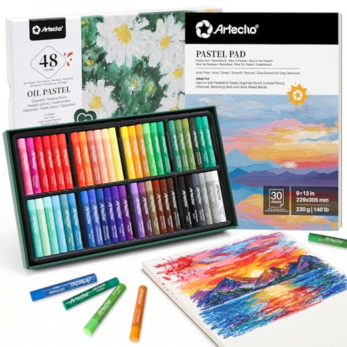 Artecho Oil Pastels Set of 48 Colors (10 x 70 mm) With Pastel Paper Pad | Soft Oil Pastels, For Art Painting, Drawing, Blending, For Artists, Beginners, Students, Teachers