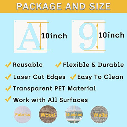10 Inch Letter Stencils Numbers Craft Stencils, 40 Pcs Reusable Plastic Alphabet Drawing Templates for Painting on Wood, Wall, Fabric, Rock, Signage, Door Porch - size: 10 Inch