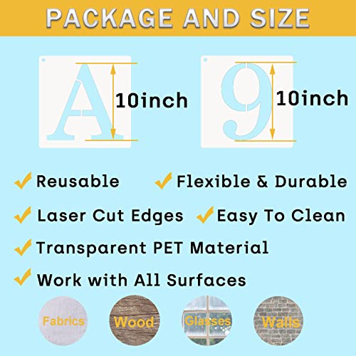 10 Inch Letter Stencils Numbers Craft Stencils, 40 Pcs Reusable Plastic Alphabet Drawing Templates for Painting on Wood, Wall, Fabric, Rock, Signage, Door Porch - size: 10 Inch