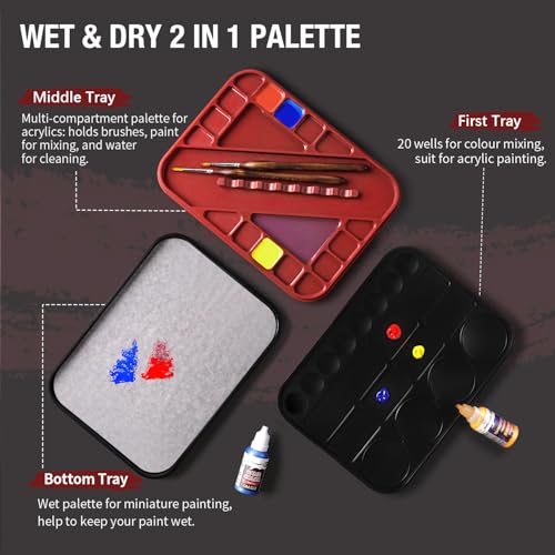 Wet Pallet for Painting Miniatures - Golden Maple 2 in 1 Dry and Wet Palette with Lid, Including 11 Miniature Paint Brushes,100PCS Palette Paper, 4PCS Sponges, Paint Brushes Holders - color: Red+black