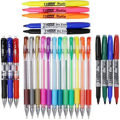 [24 Pack] Think2 Pens & Markers Supply Kit. Includes 3 Highlighter, 4 Permanent Markers, 2 Dry Erase Markers, 12 Color Gel Pens and 3 Retractable gel pens Supplies - color: Variety Pack