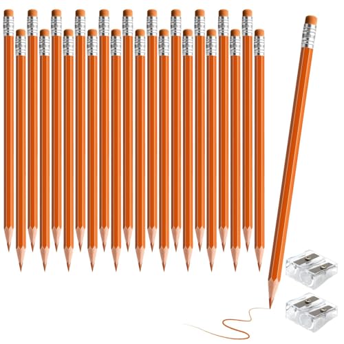 24PCS Erasable Colored Pencils with Eraser Pre Sharpened Pencil 2 HB - Ideal for Checking, Grading, Tests & Office/School Supplies (Orange) - color: orange