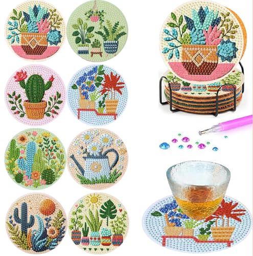gganmtere 8P Potted Plants Diamond Painting Coasters Kits Set,Houseplant Diamond Art Coasters with Holder,5D DIY Full Drill Adult Diamond Dot Gift - color: Jxbd96
