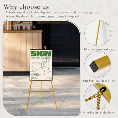 Gold Easel Stand for Sign, 43.5in Heavy Duty | 43.5in height, 4 adjustable tiers, holds 30 lbs, wedding signs, photos, mirrors, tabletop & floor displays, folding metal - size: high--43.5"