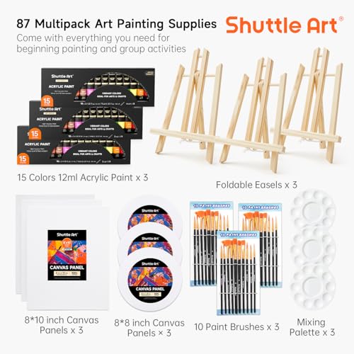 Shuttle Art 87 Pack Acrylic Painting Kit, Paint Kit with 3 Packs 15-Color Acrylic Paint, 3 Wooden Easels, Canvas, Brushes & Palettes, Art Painting Supplies for Adults, Kids & Beginners - size: 87 Pack