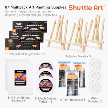 Shuttle Art 87 Pack Acrylic Painting Kit, Paint Kit with 3 Packs 15-Color Acrylic Paint, 3 Wooden Easels, Canvas, Brushes & Palettes, Art Painting Supplies for Adults, Kids & Beginners - size: 87 Pack