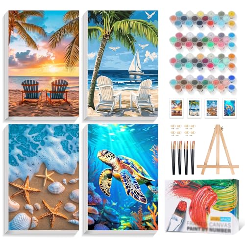 4 Pack Framed Paint by Numbers Kit for Adults with Wooden Easel, Beach | With Frame, Sea Turtle DIY Acrylic Painting, For Adults Beginner, Stress Relief Craft Kits, Home Wall Decor Gift, 8x12 IN - color: YOP4P07