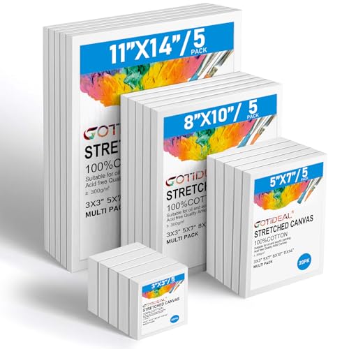 Canvas for Painting, 20 Pcs Multi Pack Stretched Paint Canvas | Blank Painting Canvases for Acrylic,Oil,Art Supplies for Artists,Adults 3x3,5x7,8x10,11x14 5pcs of Each - color: White Stretched Canvas, size: 20 Pack