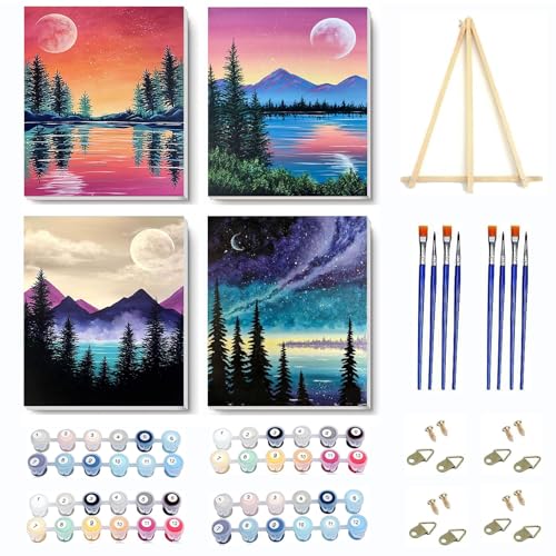 4 Pack Paint by Numbers Kit for Adults Framed Canvas with Wooden Easel | Adults' Paint-by-Number Kits Moon Lake Tree Mountain DIY Acrylic Landscape Oil Painting Arts Crafts 7.8x11.8inch - color: 4 Pack 20X30in-7, size: 8x12in with Framed - with Wooden Eas