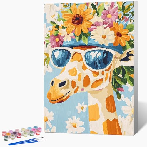 Possoco Framed Paint by Numbers Kit for Adults Beginner & Kids Ages 8-12, Animals Giraffe Adult Paint by Number Kits on Canvas, DIY Acrylic Number Painting for Teens for Home Decor 8x12 Inch - color: DG-OP-F-GiraffeWreath-2030