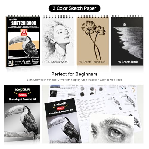 KALOUR PDAS 112 Drawing Set Sketch Kit, Pro Art Supplies with 3-Color Sketchbook, Graphite, Charcoal Pencils, Art Drawing Kit for Artists Adults Teens Beginners, Ideal for Shading & Blending