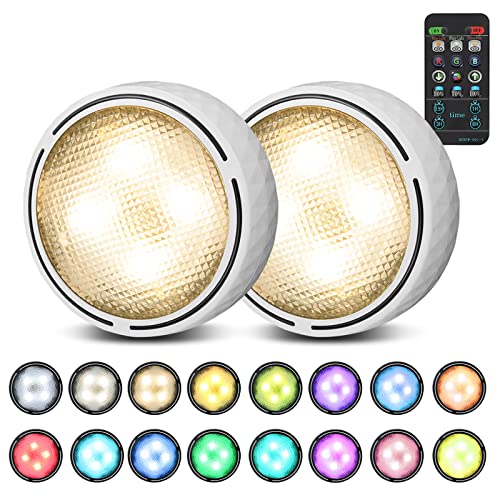 Onumii LED Puck Lights with Remote Control, Battery Operated Under Cabinet Lighting, Wireless Stick-On Color Changing Timer Lights for Kitchen Cabinets, Closets, Shelves - 2 Pack, White - color: White, size: 2 Pack