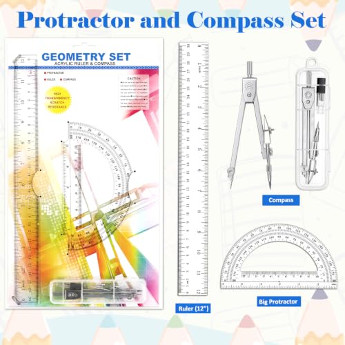 Coopay 3 Pcs Plastic 12 Inch Ruler, Clear Protractor and Compasses Set | Clear Ruler, Protractor and Compass set, Geometry, Durable, Drawing, Measuring, Math, Art, Classroom, School, Student - size: 3 Pcs set