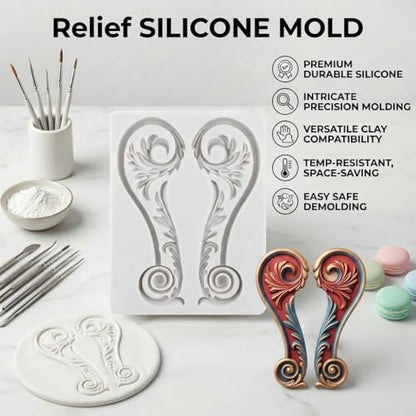 Baroque Relief Polymer Clay Molds Baroque Scroll Lace Silicone Mold | Epoxy Resin Casting DIY Crafts Air Dry Polymer Crafts Supplies Clay Tools - color: Style K