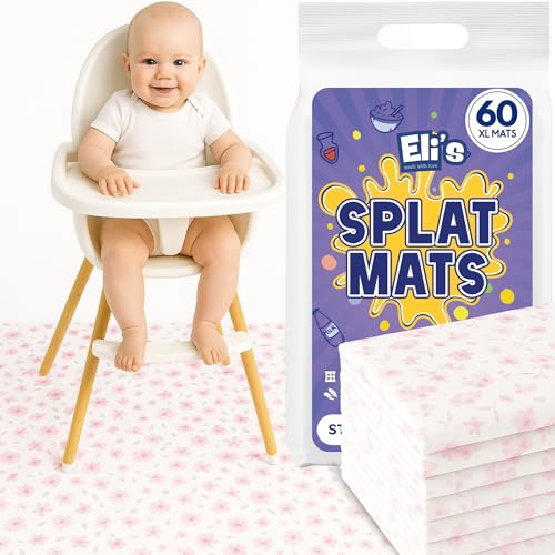 60 Pack Disposable Splat Mats by Eli with Love - Extra Large 49"x49" 100% Waterproof Baby Splat Mat for Under High Chair - Plastic Mat Liner for Floor - Protect from Spills (Floral, 60 Pack) - color: Floral, size: 60 Pack