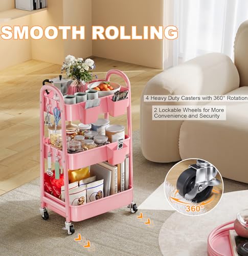 3 Tier Rolling Storage Cart Metal with Wheels, Pink Three Tiered Craft Cart Organizer on Wheels, Utility Carts for Baby Nursery, Diaper Caddy, Art, Book, Snack, Nail, Makeup, Bathroom Supplies, Mesh - color: Soft Pink