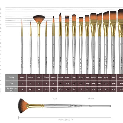 MyArtscape 15 Taklon Paint Brushes with Travel Holder - Short Handle | 15 Taklon paint brushes for acrylic watercolour oil gouache and face painting with travel holder and short handles