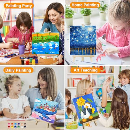 16 Pack 8x10 Inch Canvas and Easel Set, 16 Small Canvas for Painting with 16 Easels, 16 Acrylic Paint Set, 32 Paint Brushes, 16 Palletes, Painting Kits for Adults Beginners Party