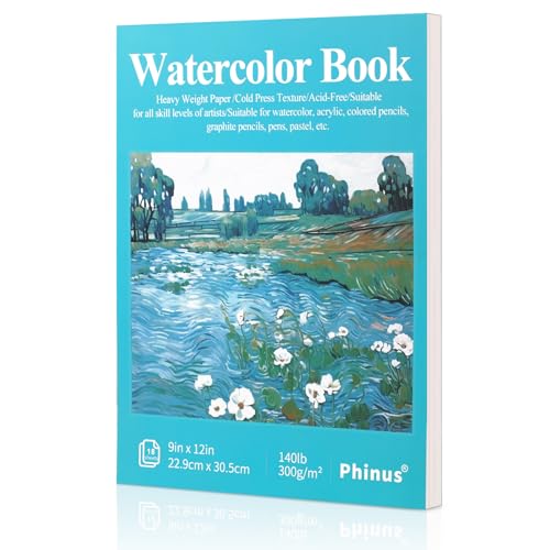 Phinus 18 Sheets Watercolor Paper 9x12 Inch, Cold Press Watercolor Sketchbook (140lb/300gsm), Tape Bound Watercolor Paper Pad for Adults Kids, Mixed Media, Markers and Art Journaling - size: 9 x12 inch