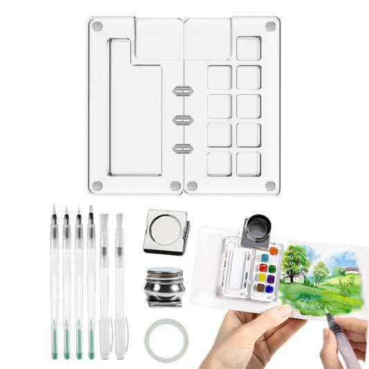 Portable Paint Kit Mini Magnetic Acrylic Box 9-Well Empty Watercolor Palette,Tiny Travel Paint Case with Clip and Oil Pot,Small Watercolor Paper Sketchbook Artist Paint Brushes Set