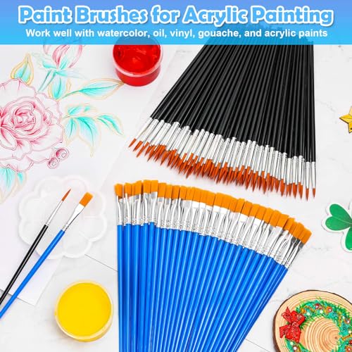 200 Pcs Small Paint Brushes Bulk, Anezus Detail Paint Brushes Fine Brushes with Flat and Round Tip Acrylic Brushes Set for Classroom Water Color Pumpkin Canvas Painting Touch Up - style: Mixed(100Flat+100Fine)