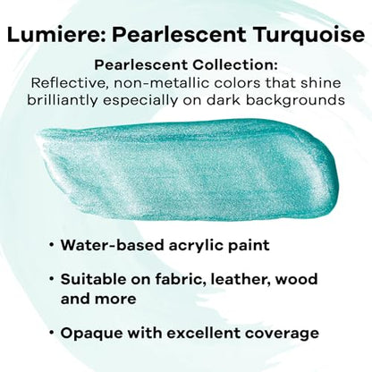 Jacquard Lumiere 2.25oz Fabric Paint Pearlescent Turquoise - Metallic Paint for Fabric Leather Canvas Paper and Wood - Light-bodied Metallic Acrylic Paint - Lightfast & Vibrant Metallic Acrylic Paints - color: Pearlescent Turquoise, size: 2.25 Fl Oz (Pack