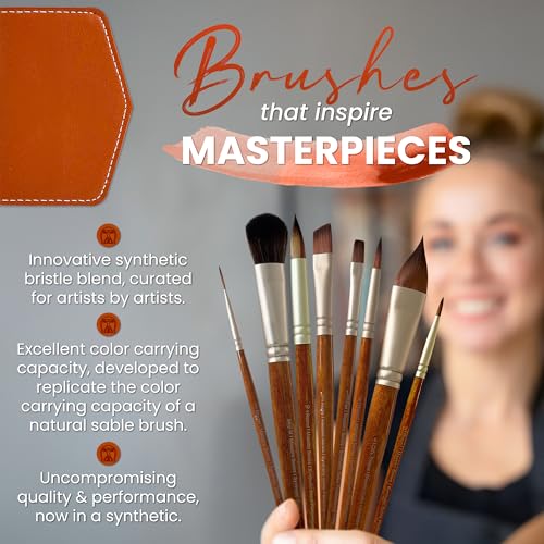 Maestro Watercolor Brush Set - 8 Professional Sable Watercolor Brushes with Case - Mop, Cat's Tongue, Angular, Filbert, Rigger & Round - Kolinsky Style Synthetic for Gouache