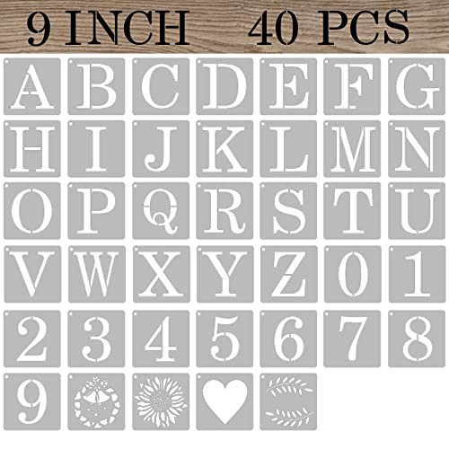 9 Inch Letter Stencils Numbers Craft Stencils, 40 Pcs Reusable Plastic Alphabet Drawing Templates for Painting on Wood, Wall, Fabric, Rock, Signage, Door Porch - size: 9 Inch