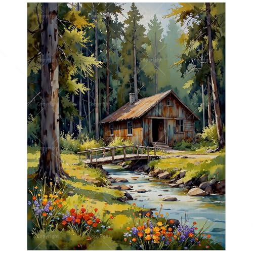 Rustic Landscape Paint by Numbers Kit for Adults - DIY Forest Cabin and Creek with Flowers Painting on Canvas 16x20In, Acrylic Paint Set, Suitable for Beginners, Art for Home Decoration or Gifts - color: HSX02090, size: 16X20IN Folded