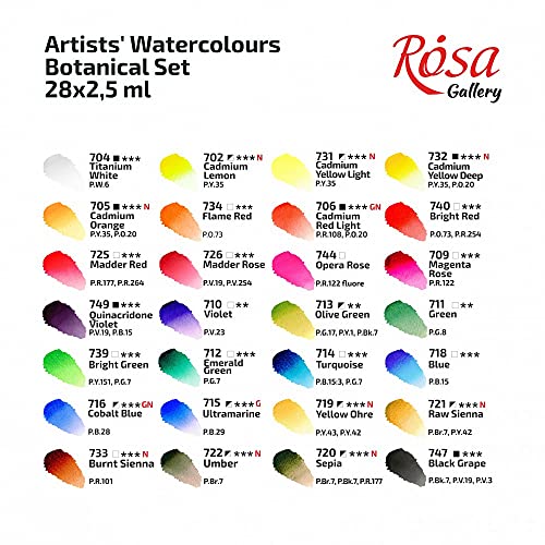 ROSA Gallery Botanical Watercolor Paint Set, Vibrant Kit Designed by Professional Artists, Washable, High Lightfastness Pigments, Made in Ukraine, Packed in Metal Paint Box, 28 Ct.