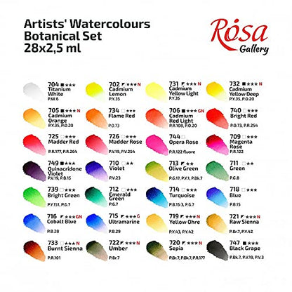 ROSA Gallery Botanical Watercolor Paint Set, Vibrant Kit Designed by Professional Artists, Washable, High Lightfastness Pigments, Made in Ukraine, Packed in Metal Paint Box, 28 Ct.