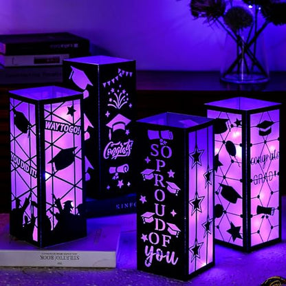 Feifeiya 4 Pcs 2026 Graduation Table Centerpieces Boxes Class of 2026 Graduation Table Lanterns with LED String Lights for Congrats Grad School College Party Supplies, 10.63 x 3.94 Inches(Purple) - color: Purple