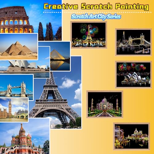 DESINIK Scratch Art Book for Adults and Teens-Rainbow Scratch Painting Art Kit, DIY Craft Kit with 1 Rainbow Scratch Art Book and 4 Tools, Landmark City Series - color: Landmark City Series